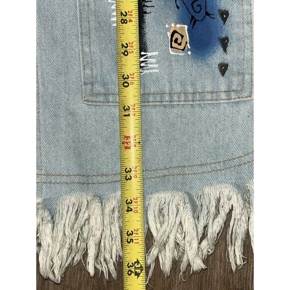Denim Fringed Jacket XL Southwestern Painted Cotton Open Front Whimsiegoth Hip - Picture 13 of 13